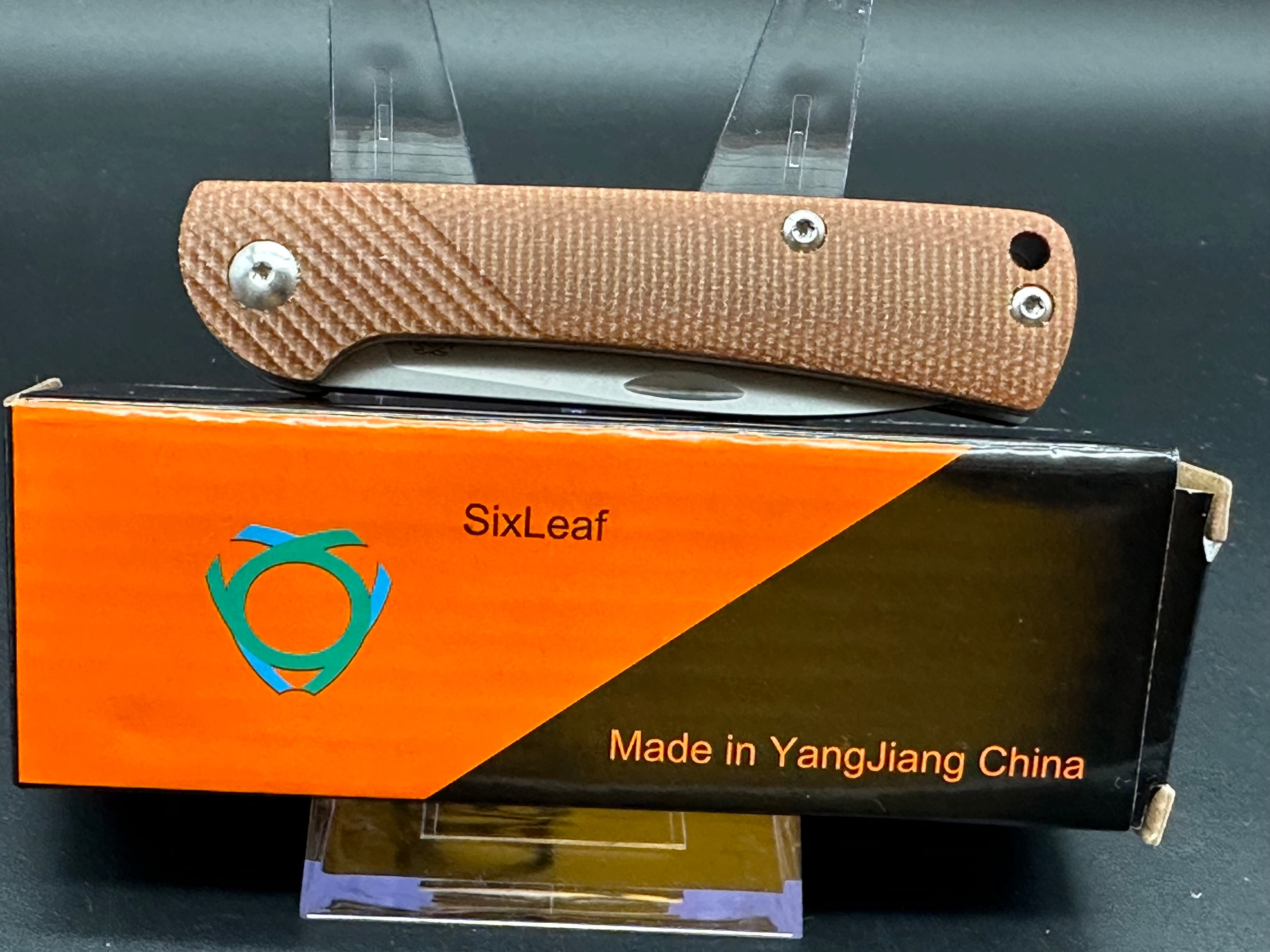 SIXLEAF SL 07 D2 Folding Pocket Knife - Brown Linen Micarta Handle, Plain Edge D2 Steel Blade - EDC, Camping, Outdoor Survival Tool