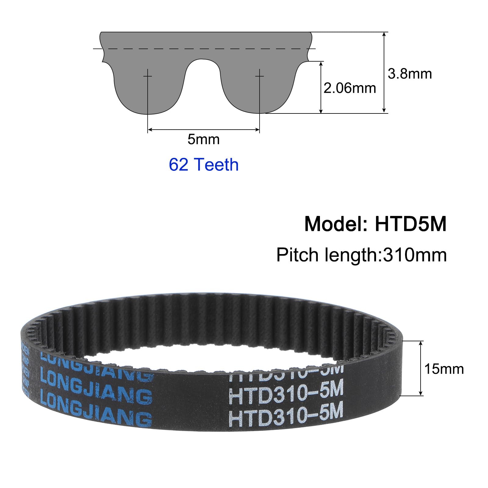 uxcell HTD5M-310 Rubber Timing Belt 62 Teeth 15mm Width 310mm Pitch Length Synchronous Drive Belt for 3D Printers, CNC Machines & Industrial Equipment