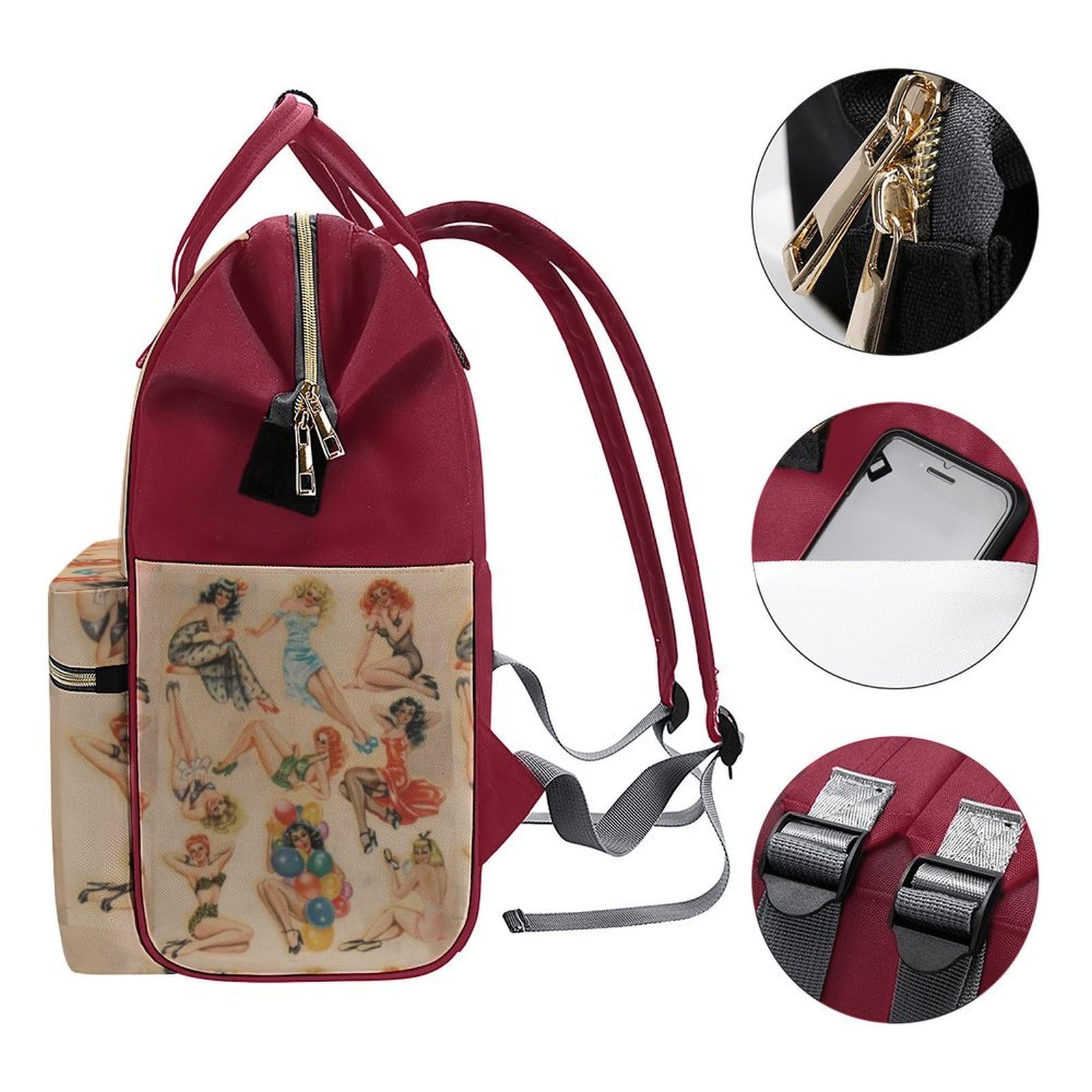 Retro Pinup Travel Backpack for Women - Waterproof with Bottle Pocket for Hiking & Commuting