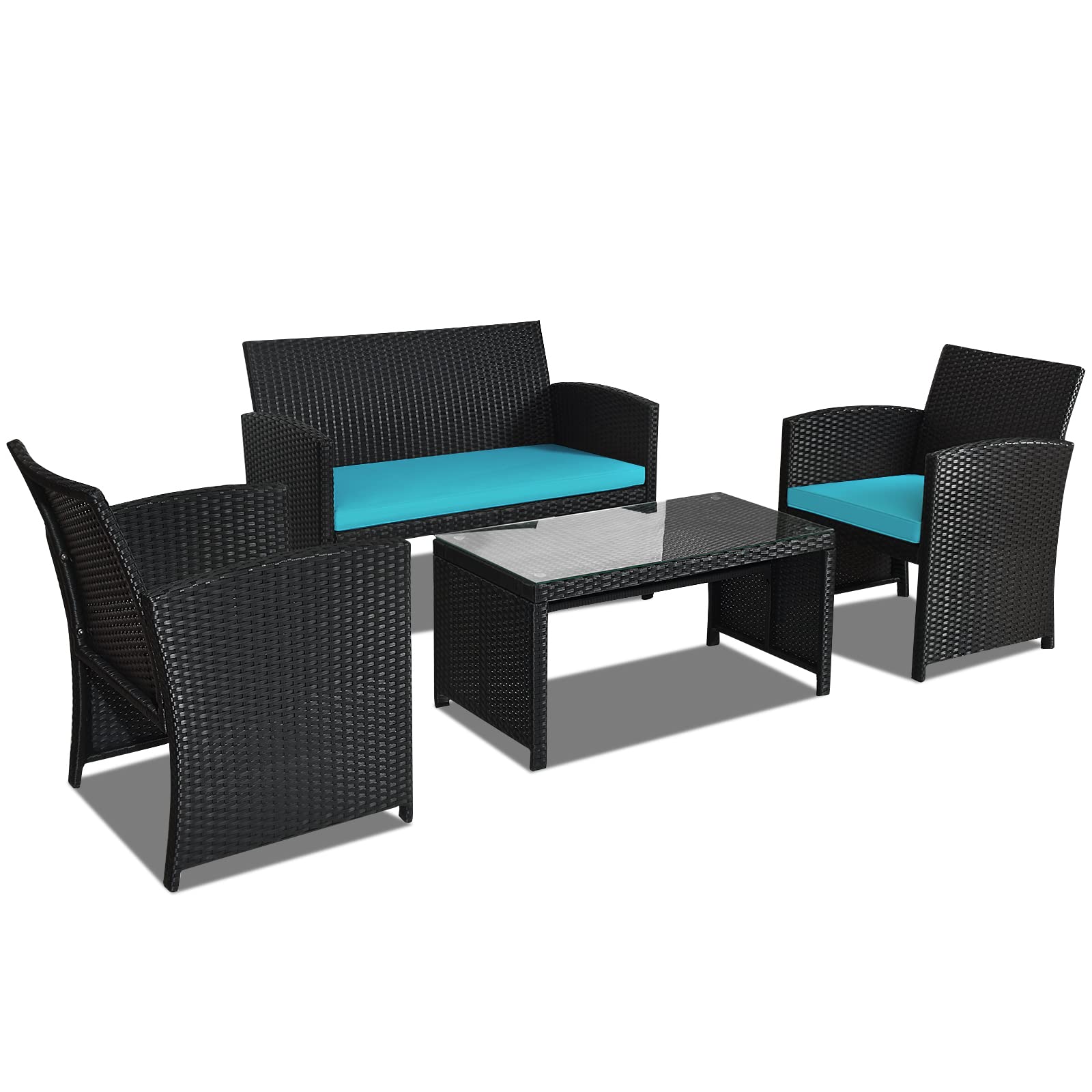 Goplus 4-Piece Rattan Patio Furniture Set - Outdoor Wicker Sofa & Coffee Table with Soft Cushions & Tempered Glass - Turquoise Conversation Set for Balcony, Garden, Backyard, Poolside & Outdoor Entertaining