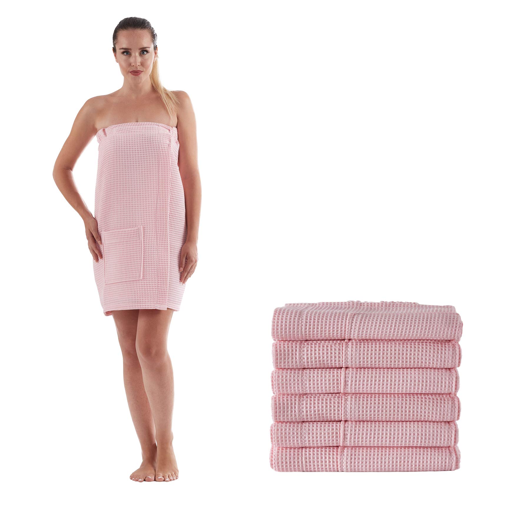 Anatolian Women's Adjustable Thin Waffle Weave Spa Body Wrap - 6 Pack Light Pink Turkish Towels for Bath, Gym & Yoga | Premium Quality Made in Turkey