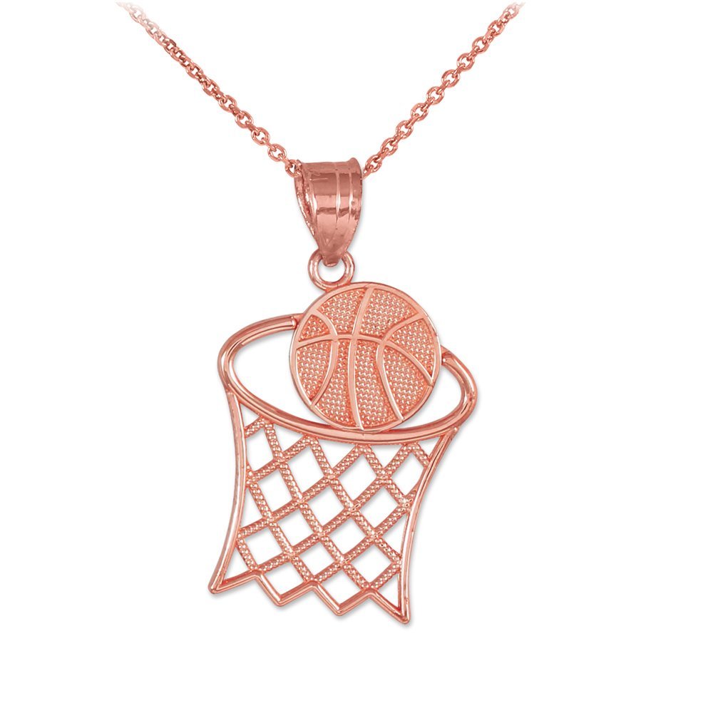 14K Rose Gold Textured Hoop & Basketball Charm Pendant Necklace for Women - Elegant Layering Jewelry for Everyday Wear, Sports Enthusiasts Gift, Basketball Lover Present