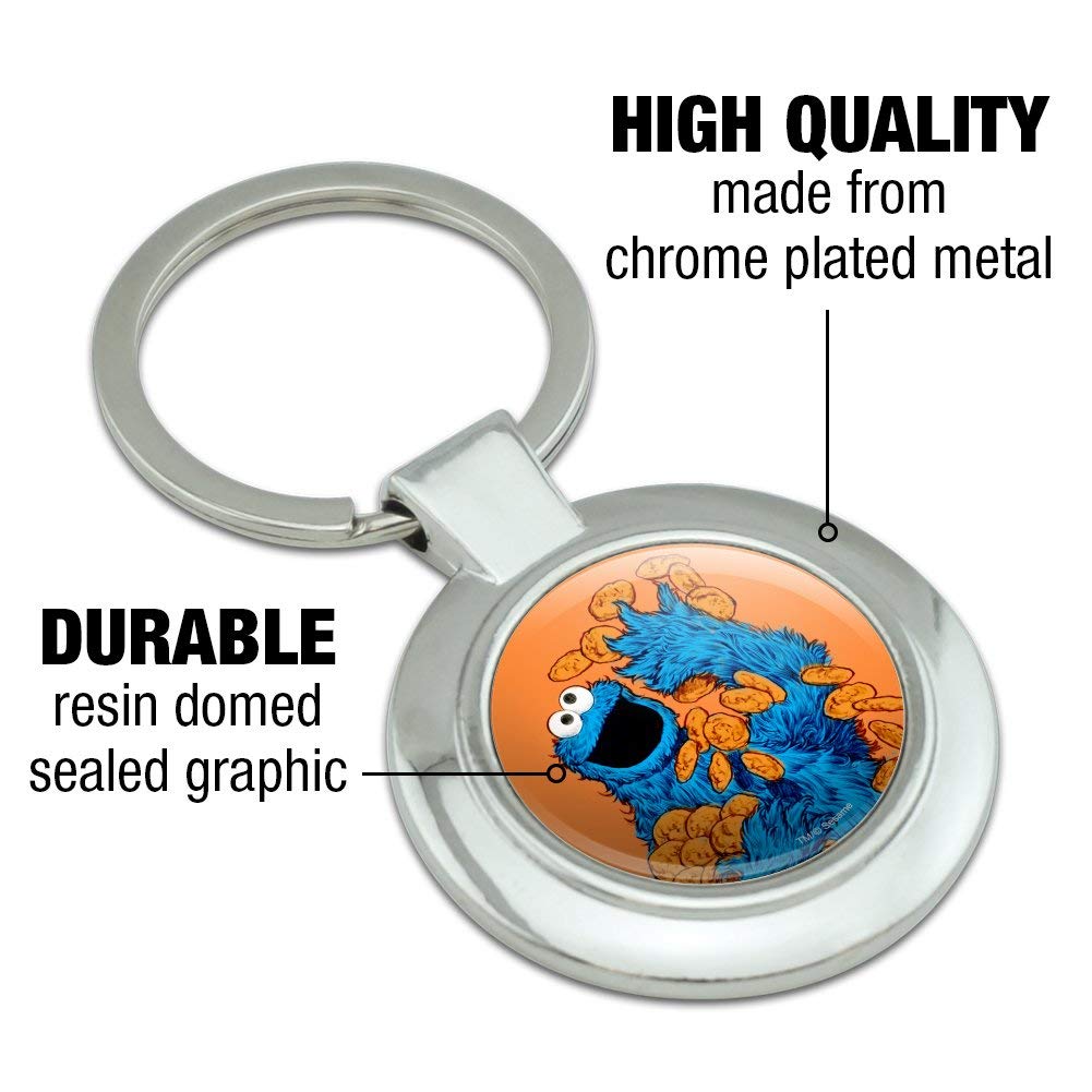 Vintage Sesame Street Cookie Monster Keychain - Round Chrome Plated Metal Collectible (Perfect for Backpacks, Gifts & Cookie Lovers)