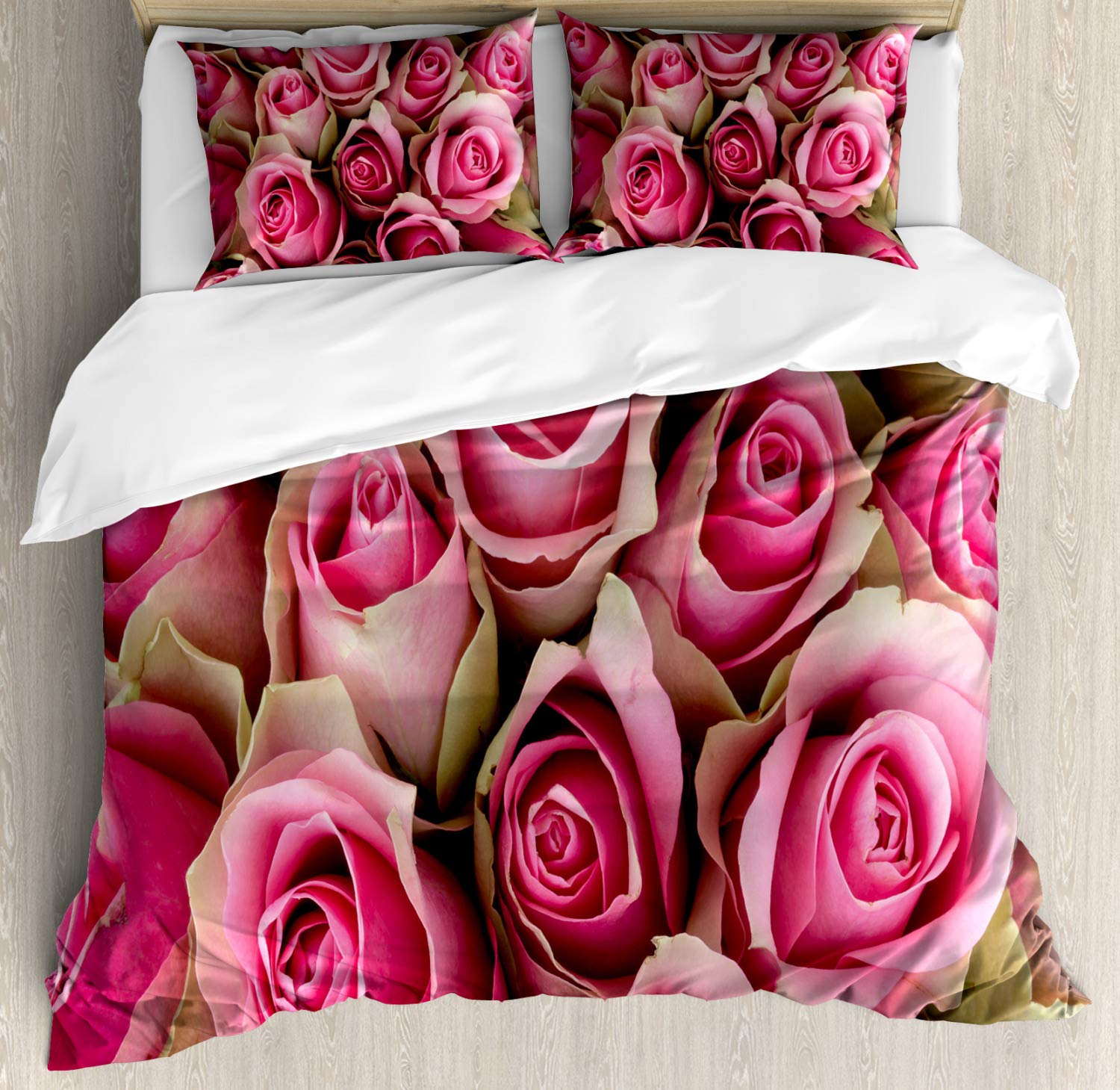 Ambesonne Rose Duvet Cover Set - Blooming Pink Roses Bridal Bouquet Romantic 3-Piece Bedding Set with 2 Pillow Shams, California King Size, Pale Green & Pink Floral Design | Perfect for Valentine's Day, Wedding Gift, Master Bedroom Decor, and Romantic Home Styling