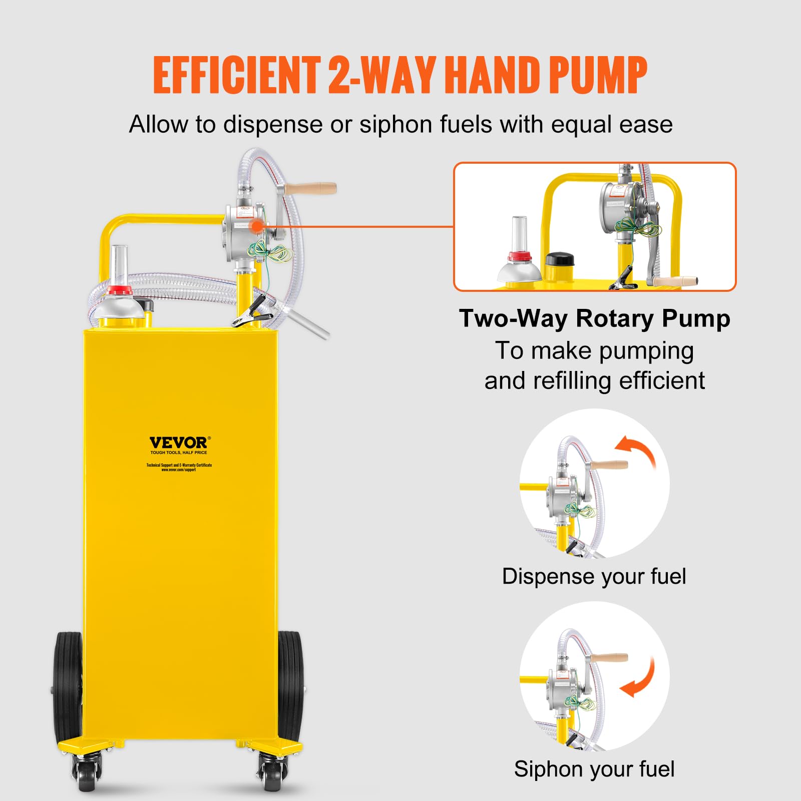 VEVOR 35 Gallon Fuel Caddy with Manual Pump - Portable Gas & Diesel Storage Tank on Wheels for Cars, Lawn Mowers, ATVs, Boats - Ideal for Garage, Farm & Outdoor Use (Yellow)