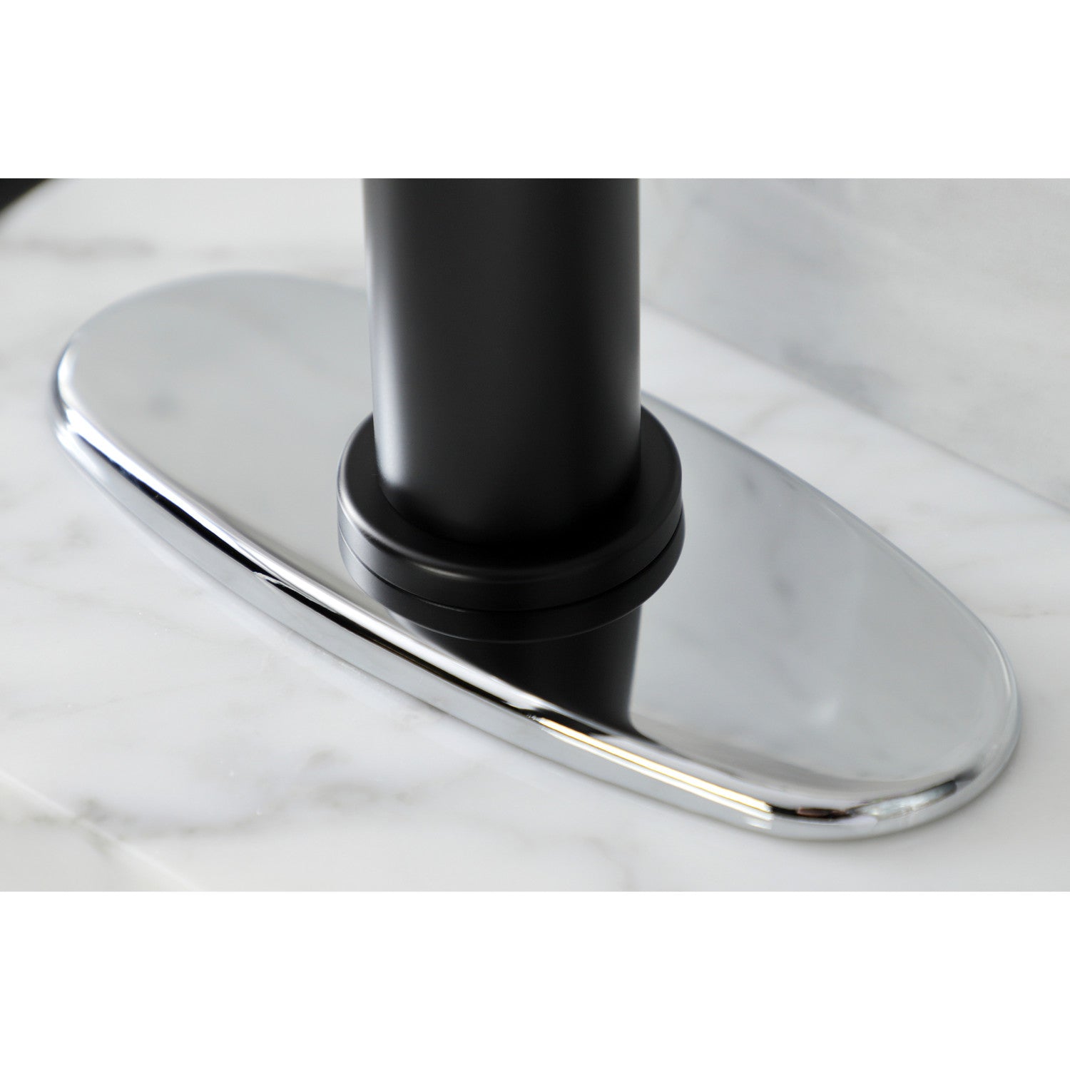 Belknap KSD2821RX Single Handle 1-Hole Bathroom Sink Faucet with Deck Plate & Push Pop-Up Drain - Matte Black/Polished Chrome - Perfect for Modern Bathroom Renovations & Small Space Installations