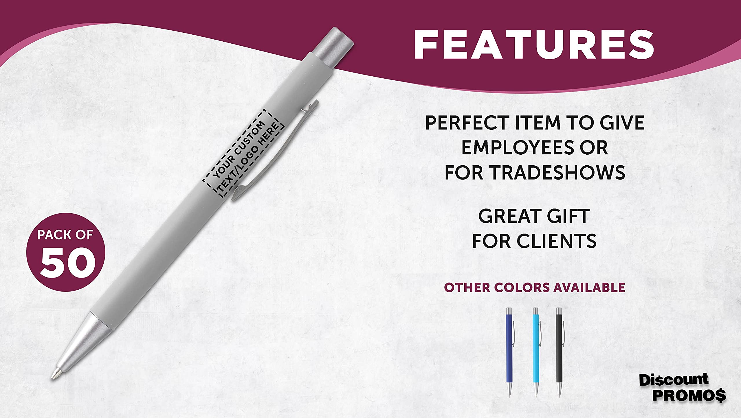 50 Pack Cordova Rubber Coated Metal Pens - Customizable with Text & Logo - Smooth Writing Push Action Ballpoint Pens with Black Ink (Grey) - Perfect for Office, School, Corporate Gifts & Promotional Events