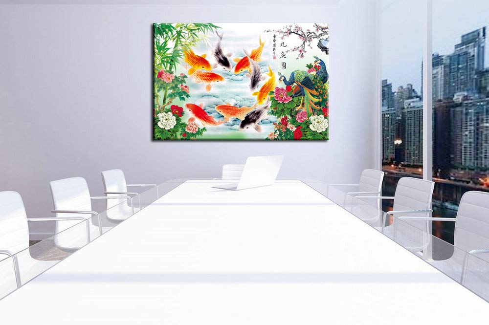 HYLOVE FISH Art - Chinese Style Feng Shui Koi Fish & Peacock Bamboo Painting, Stretched Canvas Wall Art Home Decor (24x16 Inch) - Perfect for Living Room, Bedroom, Office & Zen Meditation Space