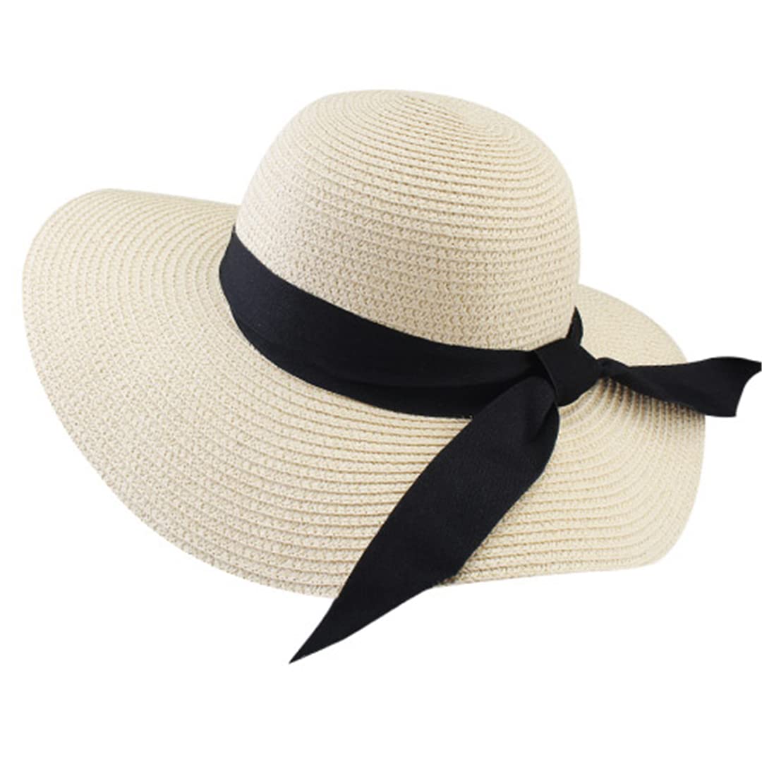 Women's Wide Brim Straw Hat - Foldable Floppy Beach Hat for Summer, UPF 50+ Sun Protection, Adjustable Chin Strap (Beige, Medium) | Perfect for Beach Vacations, Pool Parties & Outdoor Activities