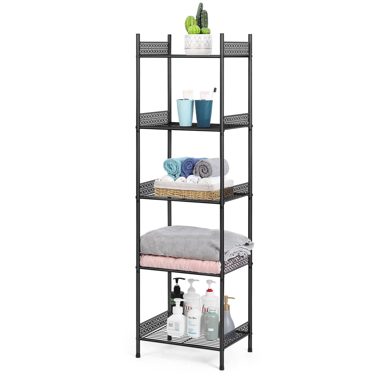 5-Tier Heavy Duty Wire Shelving Unit - Free Standing Bathroom Storage Shelf for Towels, Kitchen, Laundry Organization - Black | Space-Saving Storage Solution for Small Bathrooms, Closets & Garages