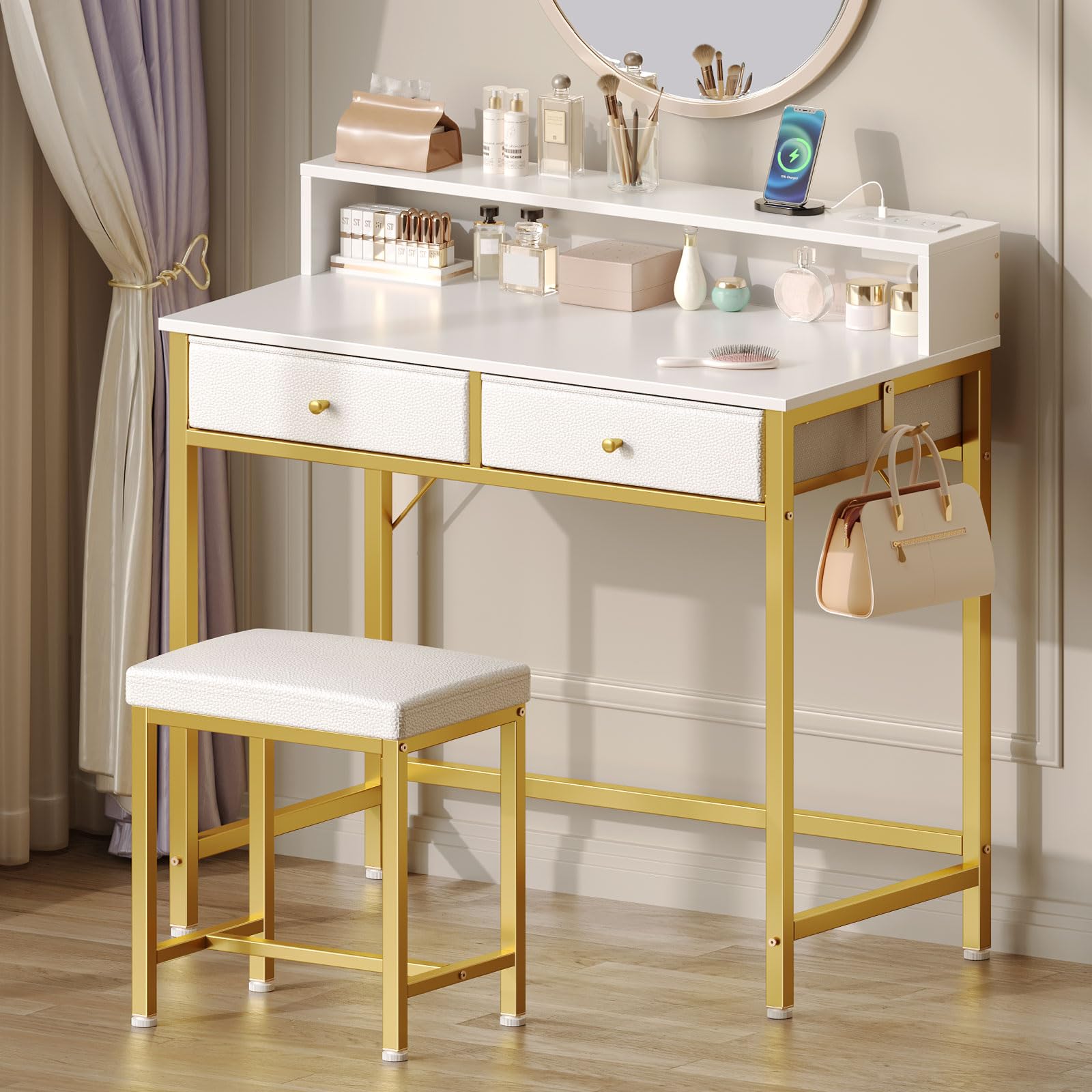 Seventable Vanity Desk Without Mirror - White & Gold Makeup Vanity with Drawers, Charging Station & Storage | Small Space Bedroom Desk, Home Office Computer Table | Perfect for Cosmetics Organization, Work from Home & Apartment Living