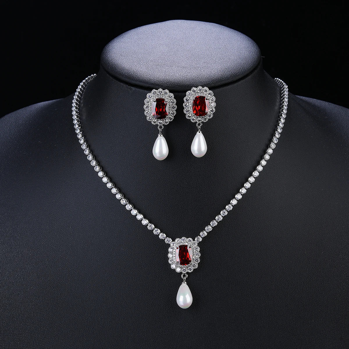 Elegant Cubic Zirconia Pearl Pendant Necklace & Earrings Set for Women - Bridal Wedding Jewelry Accessories - Perfect for Anniversary Gifts, Prom, and Formal Occasions