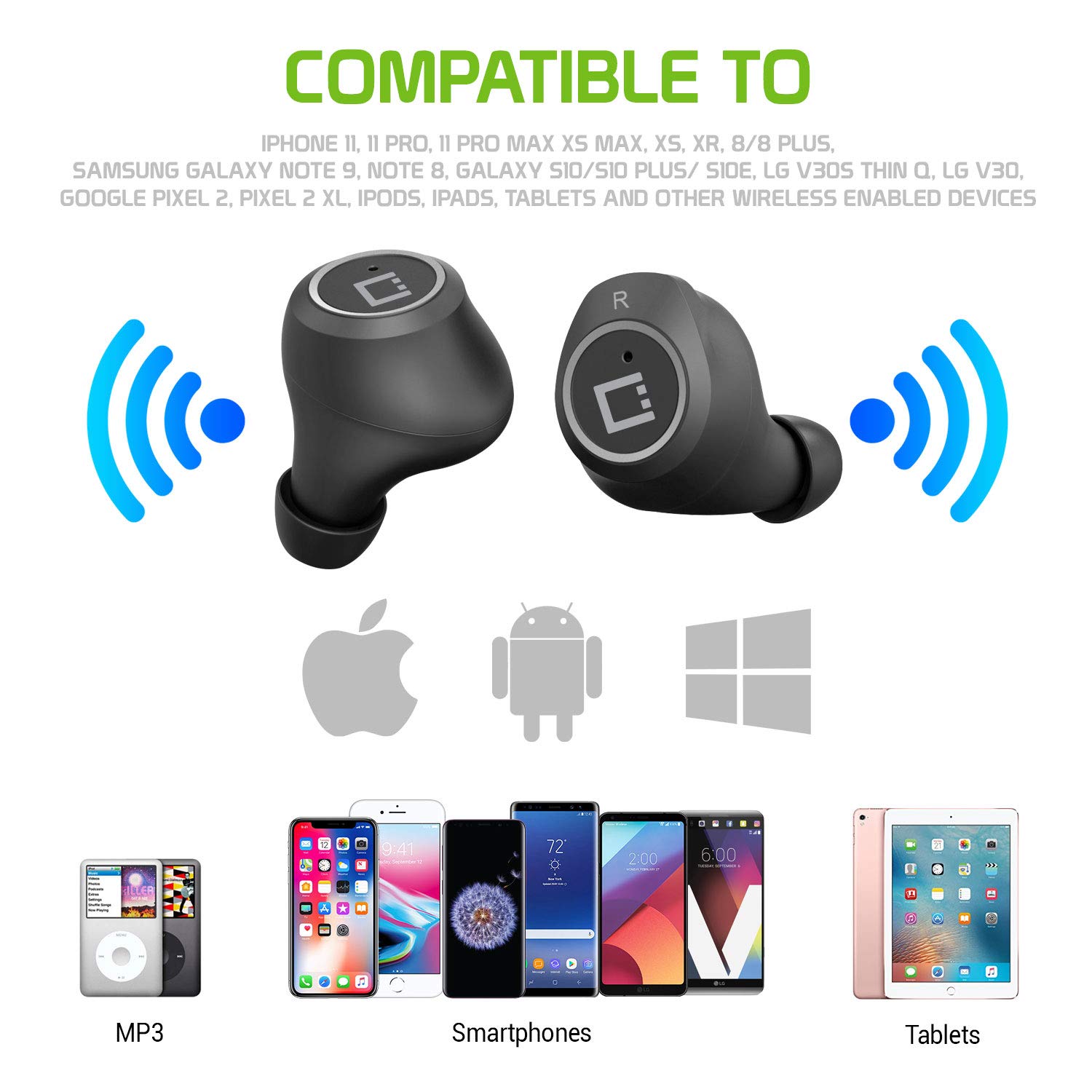 Wireless Bluetooth Earbuds with Charging Case - Noise Cancelling, 30H Playtime, IPX7 Waterproof - Compatible with iPhone, Android, iPad (Perfect for Gym, Running, Travel & Work)