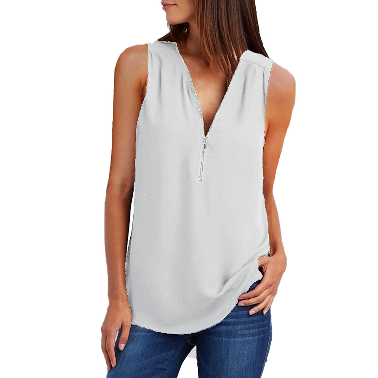 Trendy Women's Summer V-Neck Tank Tops with Zipper - Fashionable Loose Fit Sleeveless Blouse for Casual Outings, Beach Wear & Daily Comfort