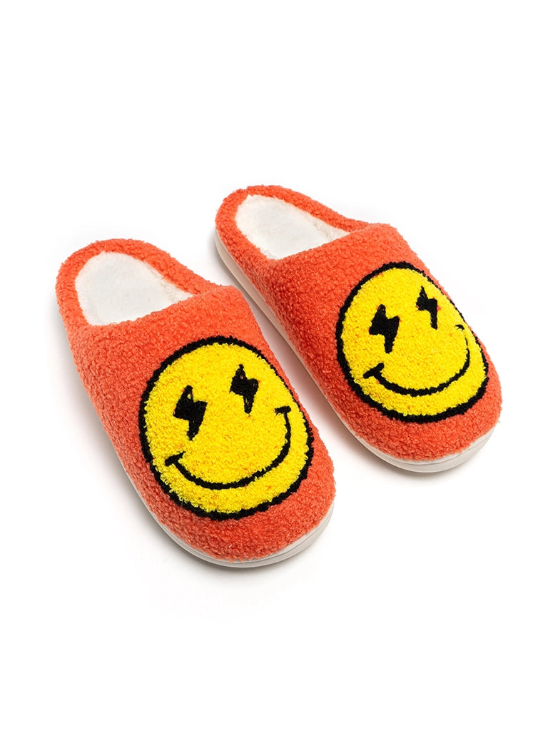 Cozy Smiley Face Slippers - Orange Fuzzy House Shoes with Lightning Eyes for Women & Men | Non-Slip Indoor/Outdoor Soles | Perfect for Home, Dorm & Lounge Comfort