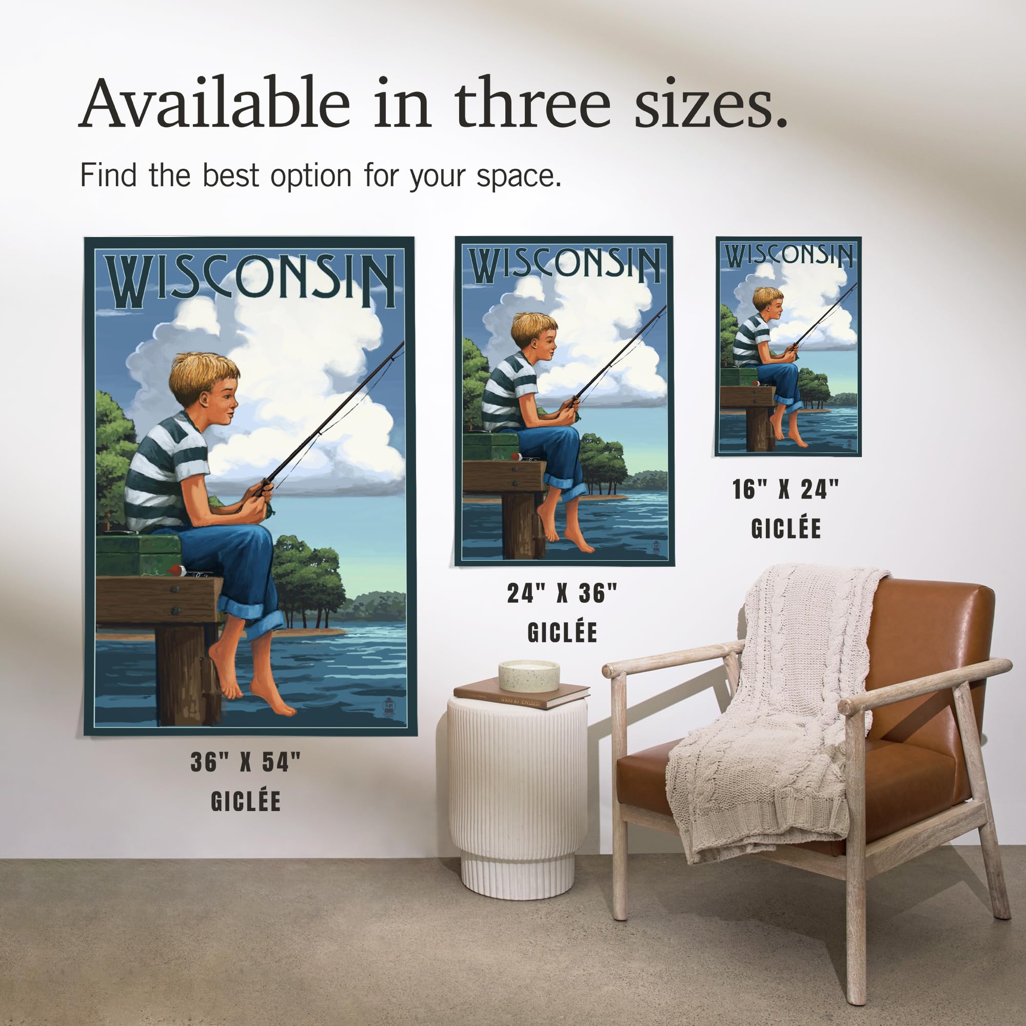Lantern Press 16x24 Inch Giclee Art Print - Wisconsin Boy Fishing Wall Decor - Perfect for Living Room, Bedroom & Office