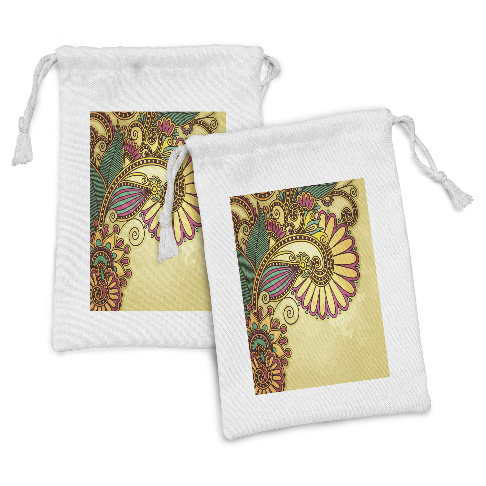 Ambesonne Grunge Fabric Pouch Set of 2 - Paisley Flower Leaf & Floral Mandala Oriental Pattern Small Drawstring Bags (9