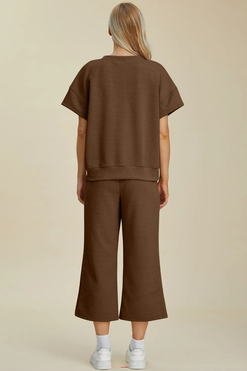 Women's Full Size Textured Round Neck Travel Top and Pants Set - Comfortable Lounge Wear for Airplane, Vacation & Casual Outings