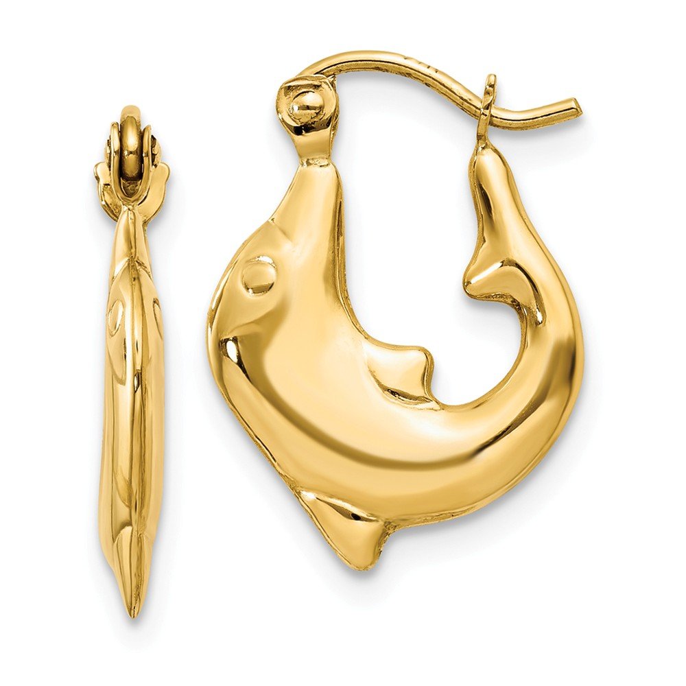 14K Yellow Gold Polished Dolphin Hoop Earrings for Women - Elegant Dainty Jewelry Gift for Her - Perfect for Beach Vacations, Summer Outfits & Ocean Lovers