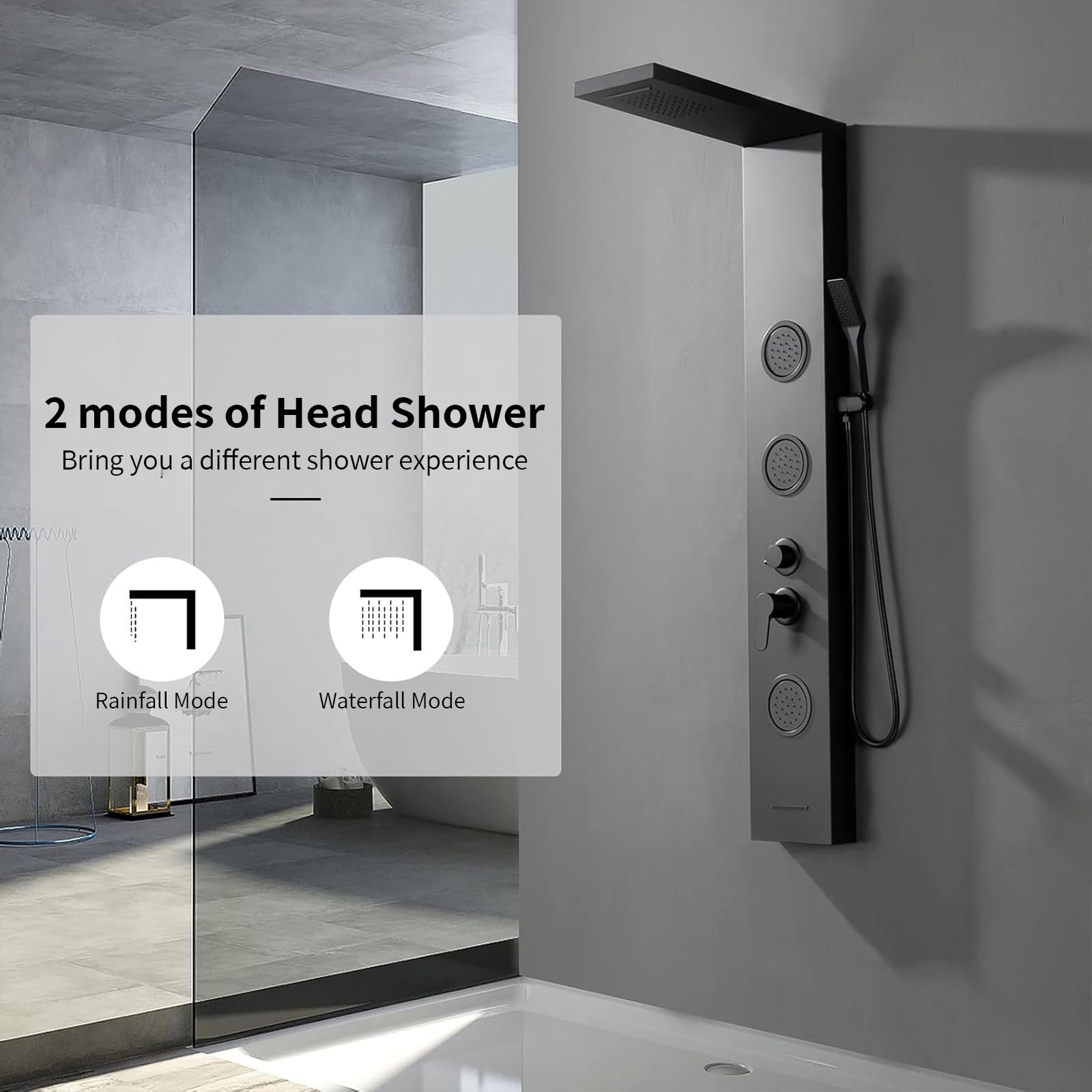 BWE 5-in-1 Stainless Steel Shower Panel System - Black Tower with Rainfall Shower Head, Waterfall Spray, Body Jets & Bathtub Spout | Luxury Bathroom Upgrade for Spa-Like Experience