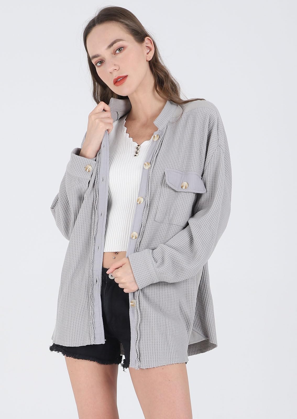 Loveimgs Women's Oversized Waffle Knit Corduroy Shacket - Long Sleeve Button Down Shirt Jacket for Fall | Casual Outerwear, Layering Piece & Streetwear Fashion