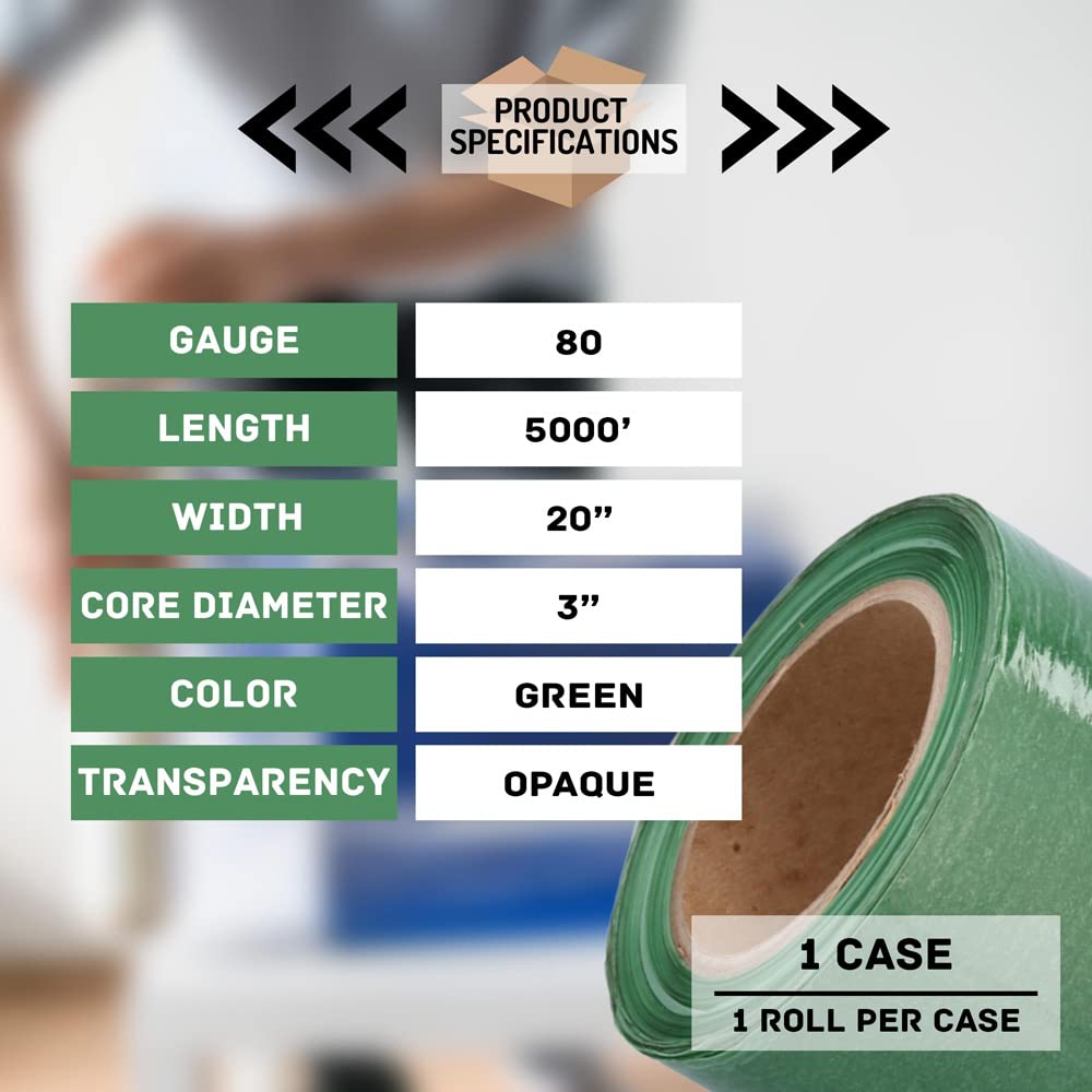 MMBM Green Stretch Wrap - 20 Inch x 5000 Feet, 80 Gauge Plastic Cling Film Roll (1 Pack) for Pallet Wrapping & Color Coding | Heavy-Duty Industrial Packaging, Warehouse & Shipping Supplies