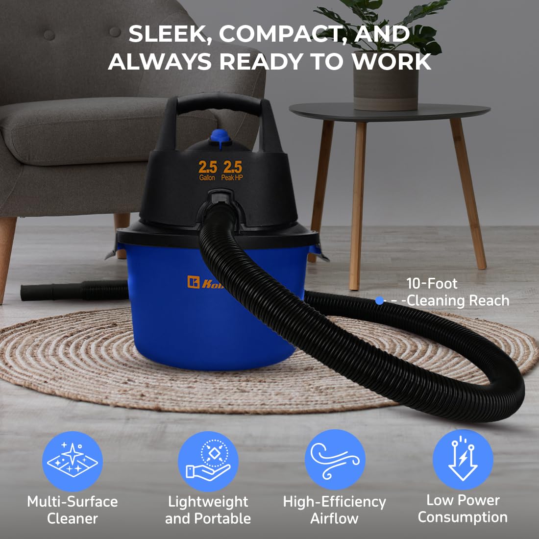 Koblenz WD-2.5L Portable Wet Dry Vacuum Cleaner - 2.5 Gallon Powerful Suction & Blower for Liquids, Dust, Pet Hair - 10ft Reach with Wall Mount & Accessories - Ideal for Car Cleaning, Home, Workshop & Garage (Blue/Black)