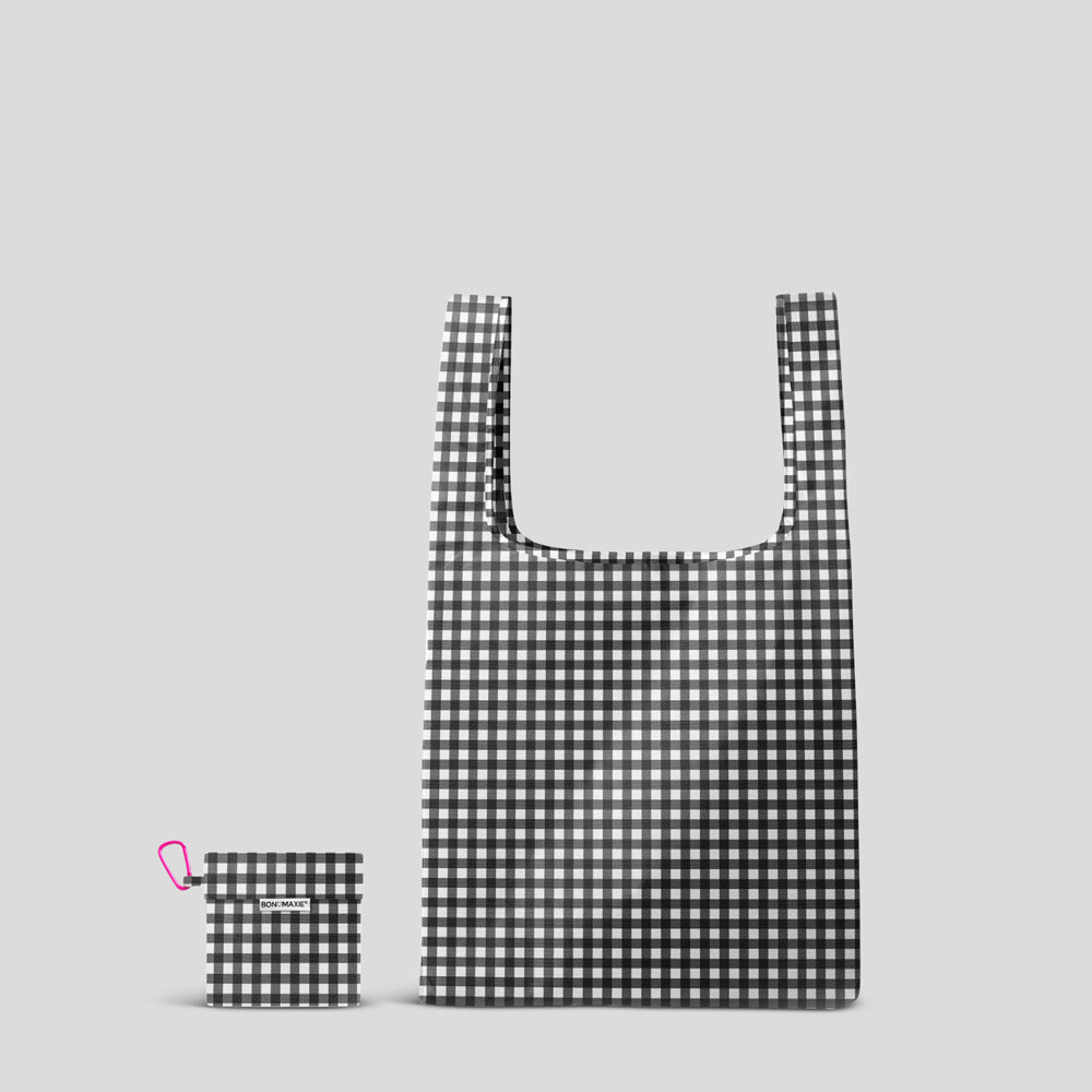 Eco-Friendly Reusable Shopping Bags - 2 Sizes (Small & Large) - Black Gingham Print - Perfect for Groceries, Farmers Market & Sustainable Lifestyle