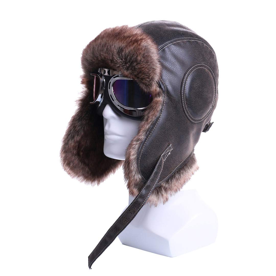 Men's & Women's Winter Bomber Hat with Plush Earflaps - Russian Ushanka Style Aviator Hat with Goggles, Faux Leather & Fur Snow Cap for Cold Weather & Outdoor Activities