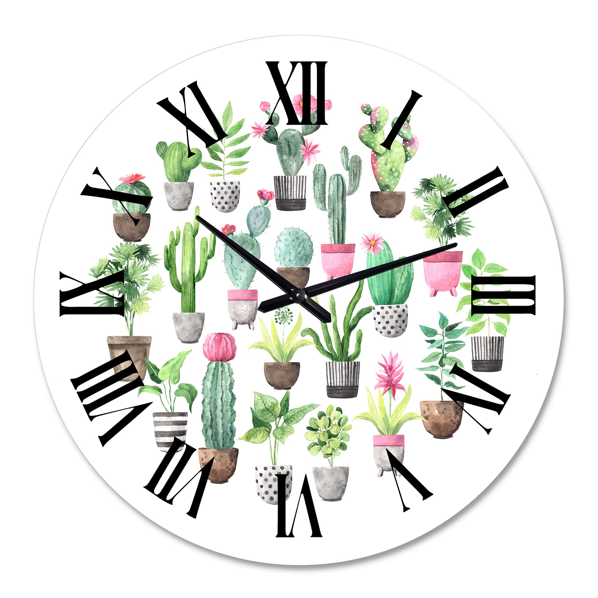 DesignQ Traditional Wall Clock - Cacti in Ceramic Pots in Gentle Tones II - Large Floral Botanical Wall Clock for Kitchen, Living Room, Bedroom & Office Decor | Perfect Home & Office Gift Idea