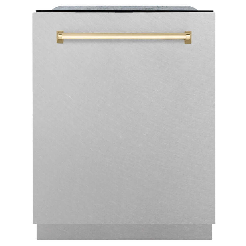 ZLINE Autograph Edition 24-inch Monument Series Dishwasher with 3rd Rack, Top Touch Controls, Tall Tub Design - Satin Stainless Steel Panel & Polished Gold Handle, Ultra Quiet 45dBa (DWMTZ SN 24 G) - Perfect for Modern Kitchens, Open Concept Homes, and Luxury Renovations