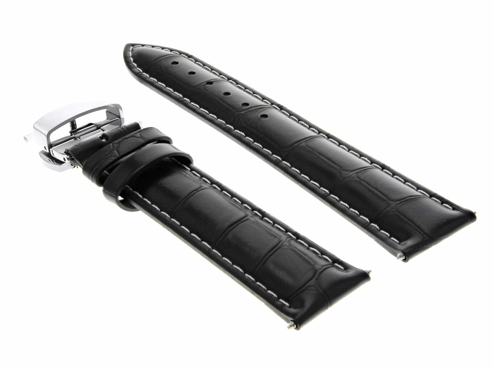19mm Leather Watch Band for Baume Mercier - Black with White Stitching | Dress & Business Watches