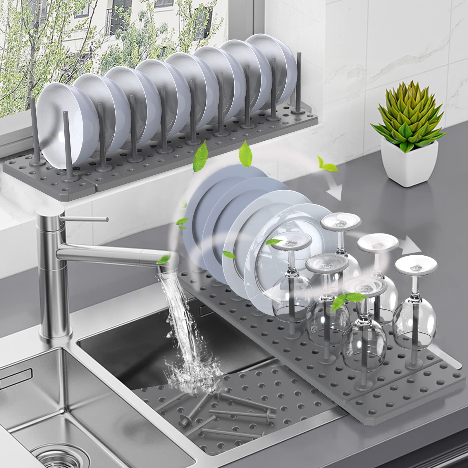 2-Pack Grey Kitchen Cabinet Organizer - Adjustable Pegboard Tray for Dish Rack & Plate Storage | Space-Saving Drawer Organizer for Utensils, Spices & Kitchenware | Perfect for Small Kitchens & Apartment Living