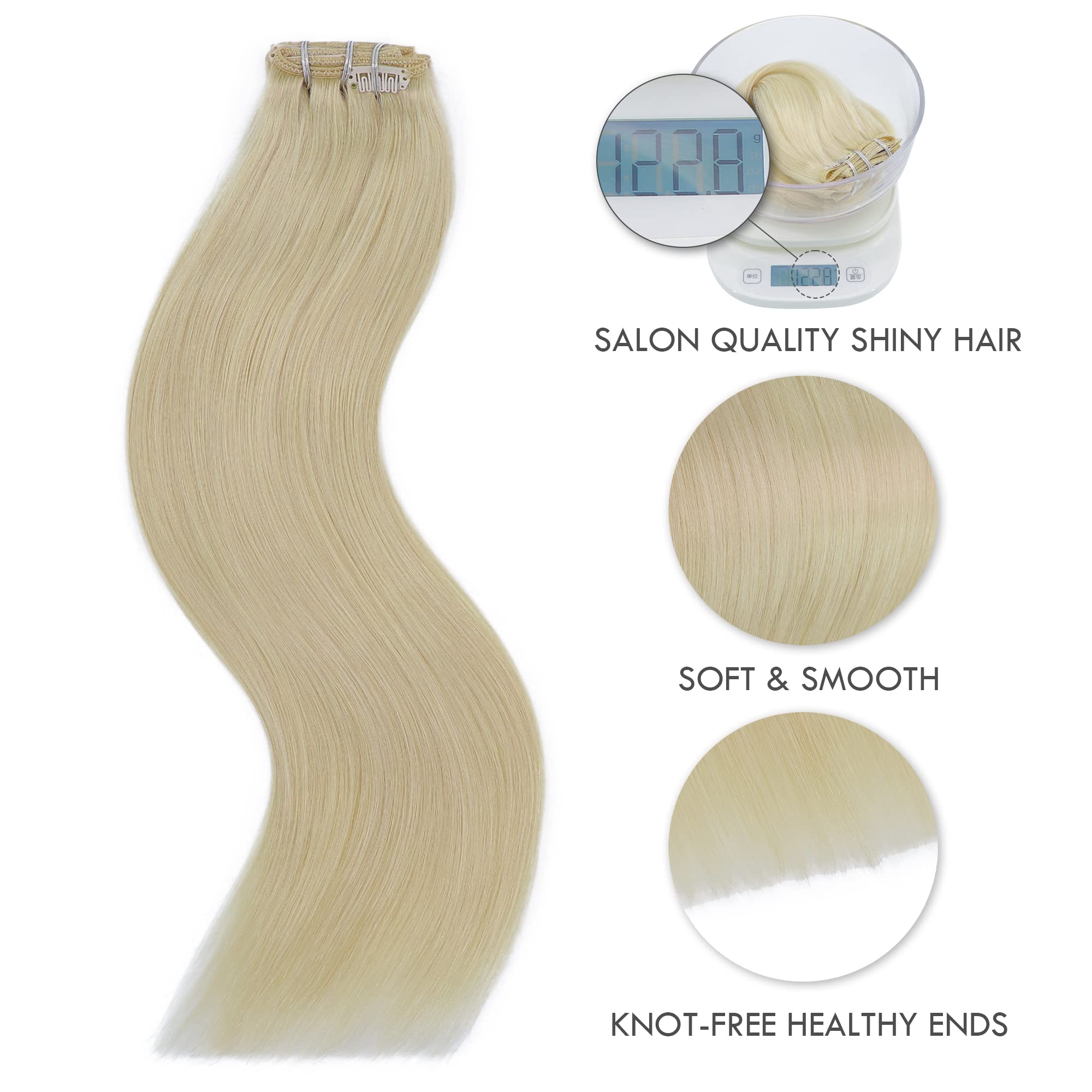 20 Inch Platinum Blonde Clip-In Human Hair Extensions - 7PCS 120g Double Weft Hand-Tied Real Human Hair for Volume & Length | Perfect for Parties, Weddings & Daily Styling