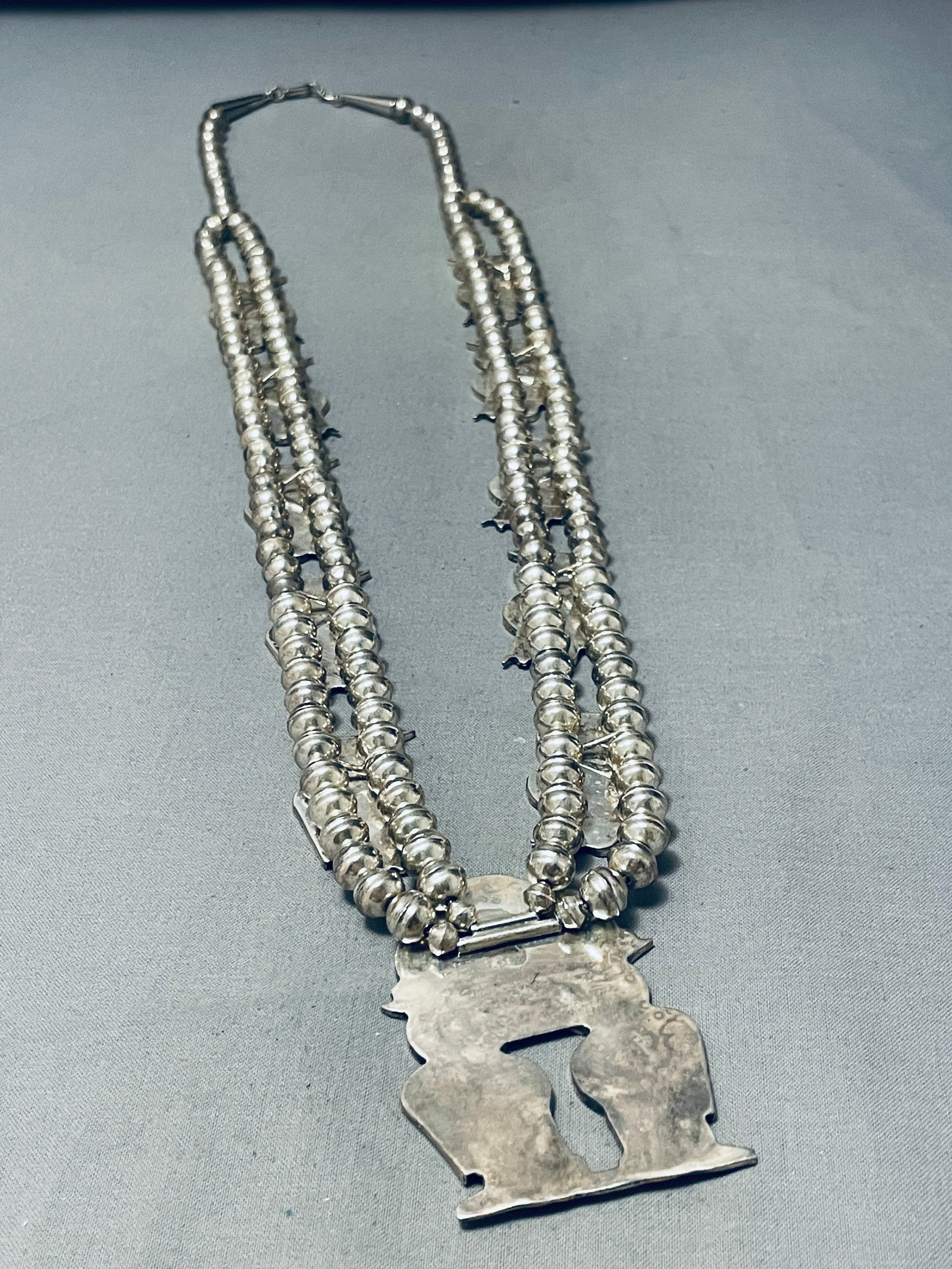 Vintage 1970s Zuni Native American Owl Sterling Silver Squash Blossom Necklace - 149g Handcrafted Inlay Jewelry for Boho Fashion & Southwest Style Outfits