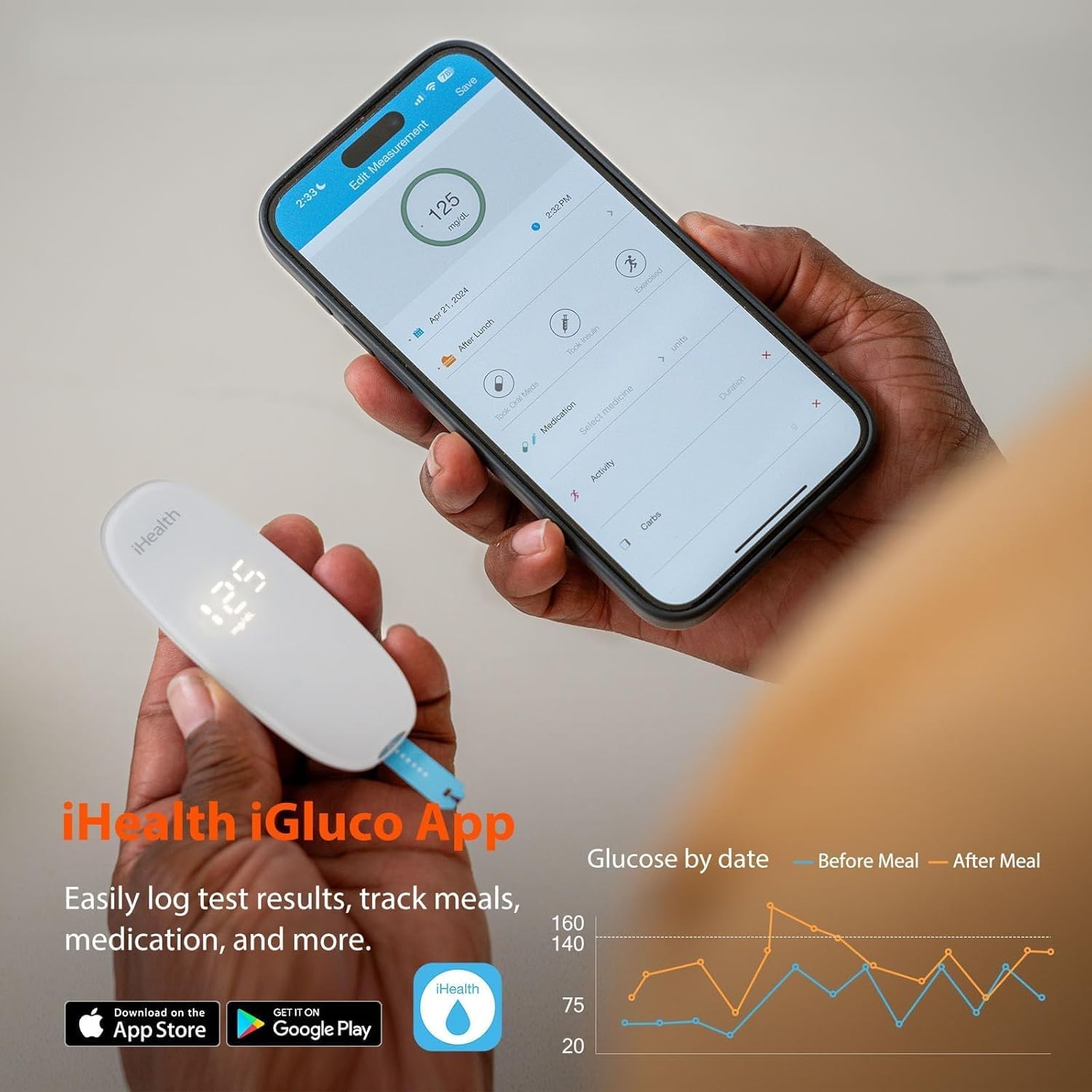 iHealth Gluco+ Wireless Smart Blood Glucose Monitor Kit - 100 Test Strips & Lancets - Bluetooth Diabetes Testing Meter with Mobile App - Home & Travel Use for Type 1 & 2 Diabetics