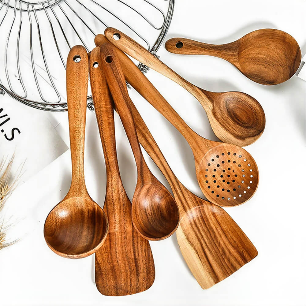 Premium 7-Piece Hazel Wooden Cooking Utensil Set - Natural Wood Kitchen Tools for Non-Stick Cookware, Baking & Healthy Cooking - Ideal for Home Chefs & Eco-Friendly Kitchens
