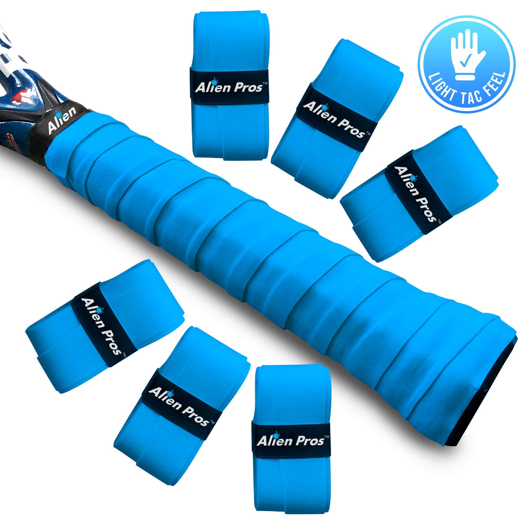 ALIEN PROS 18 Pack Blue Tennis Racket Grip Tape – Precut, Light Tac Feel, Durable Tennis Grip for Enhanced Performance on Court