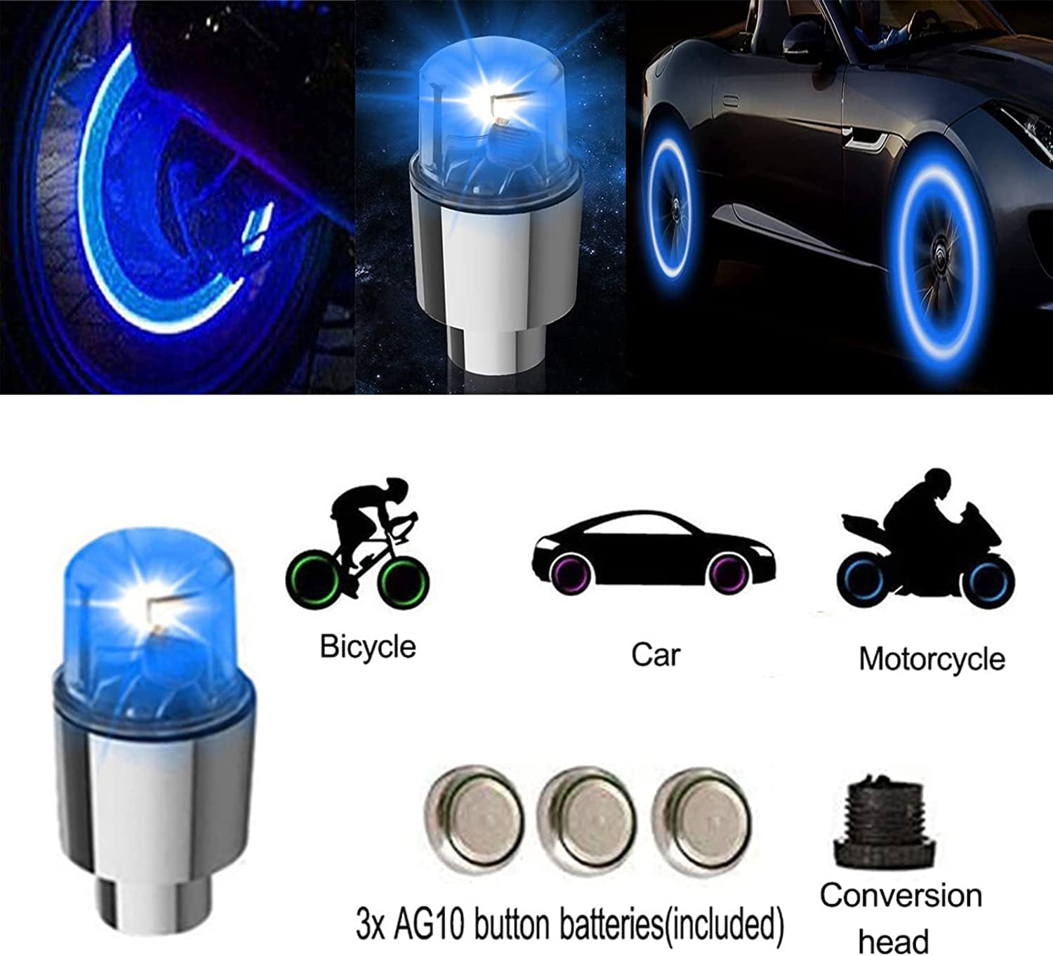 4 Pack Tire Valve Stem Lights - LED Neon Wheel Lights for Cars, Bikes, Trucks & Golf Carts - Includes 12 Extra Batteries (Blue) - Perfect for Night Rides, Car Shows & Vehicle Customization