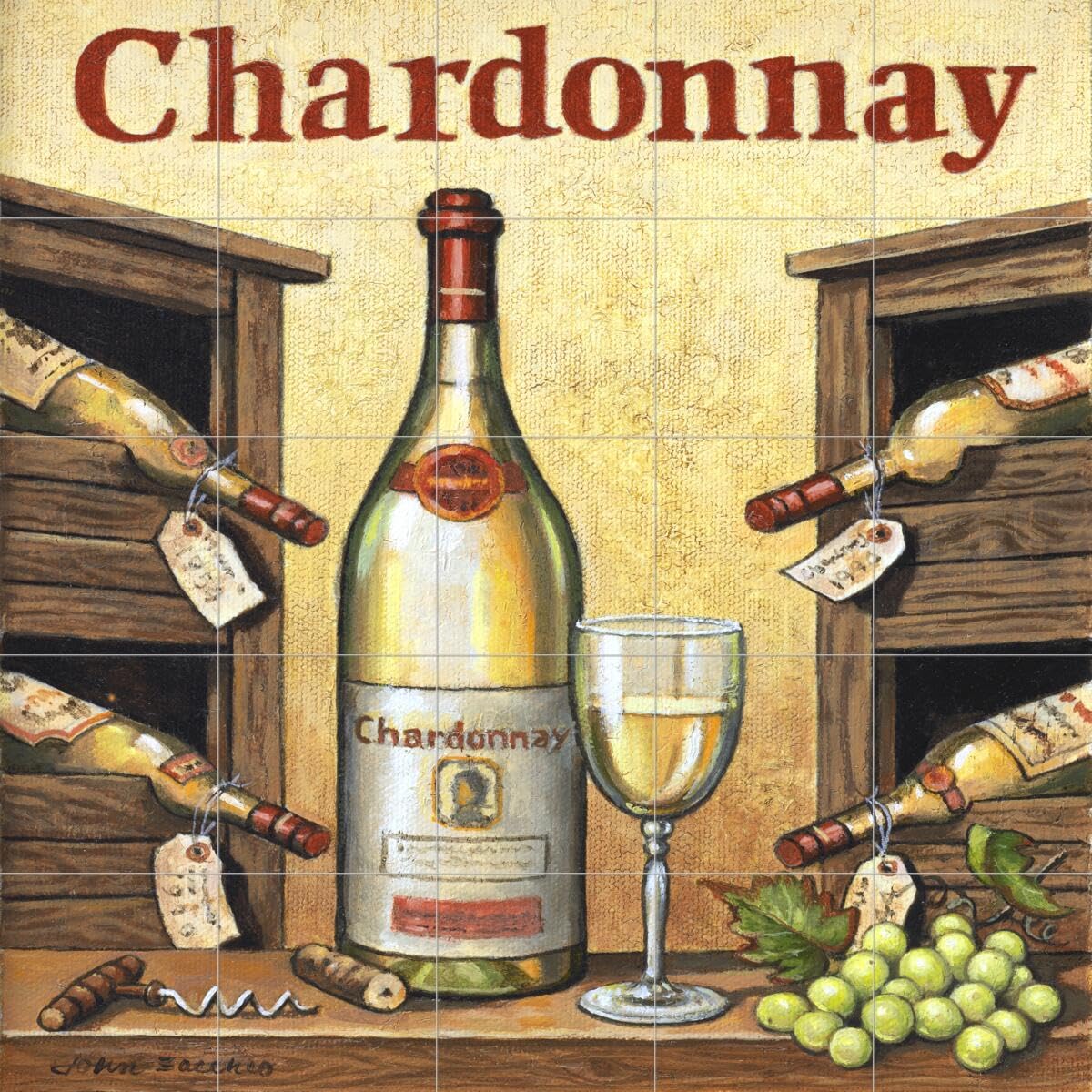 John Zaccheo Chardonnay Wine Themed Ceramic Backsplash Tile Mural for Kitchen Decor - Elegant Wall Art for Wine Cellars, Bars & Home Renovation