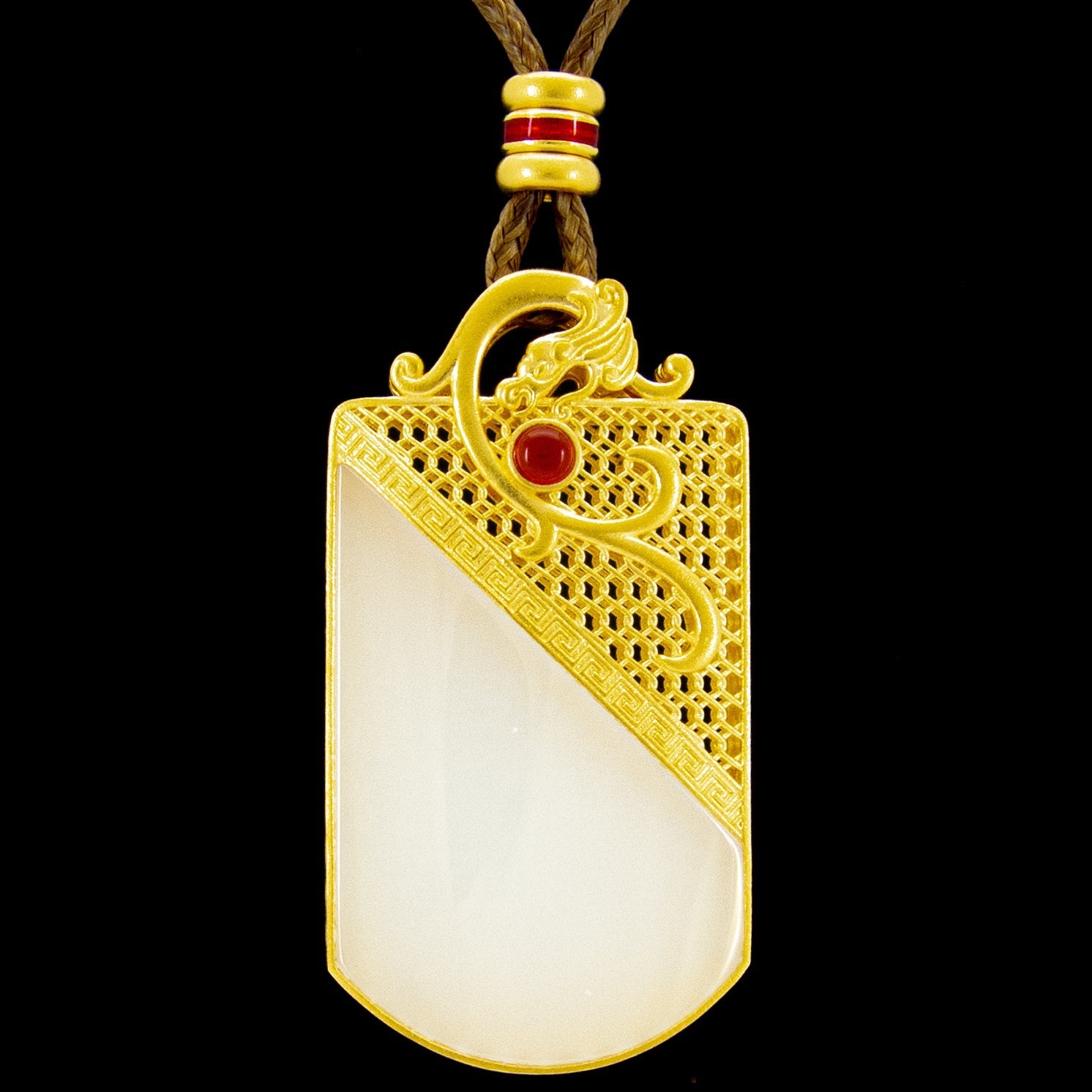 24K Gold Plated Nephrite Jade Enamel Pendant with Brown Rope Necklace - Elegant Dragon Jewelry for Women, Gift for Birthday, Anniversary & Special Occasions