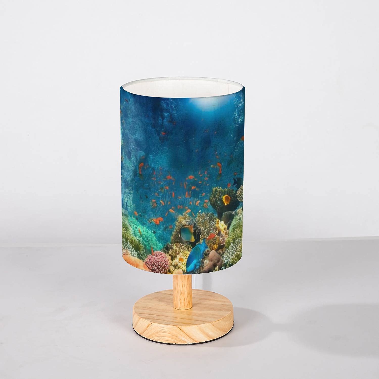 Minimalist Solid Wood Nightstand Lamp with Flaxen Fabric Shade - Scuba Diver Coral Reef Design Bedside Table Lamp for Bedroom & Living Room | Perfect for Reading, Decor, and Creating Cozy Ambiance