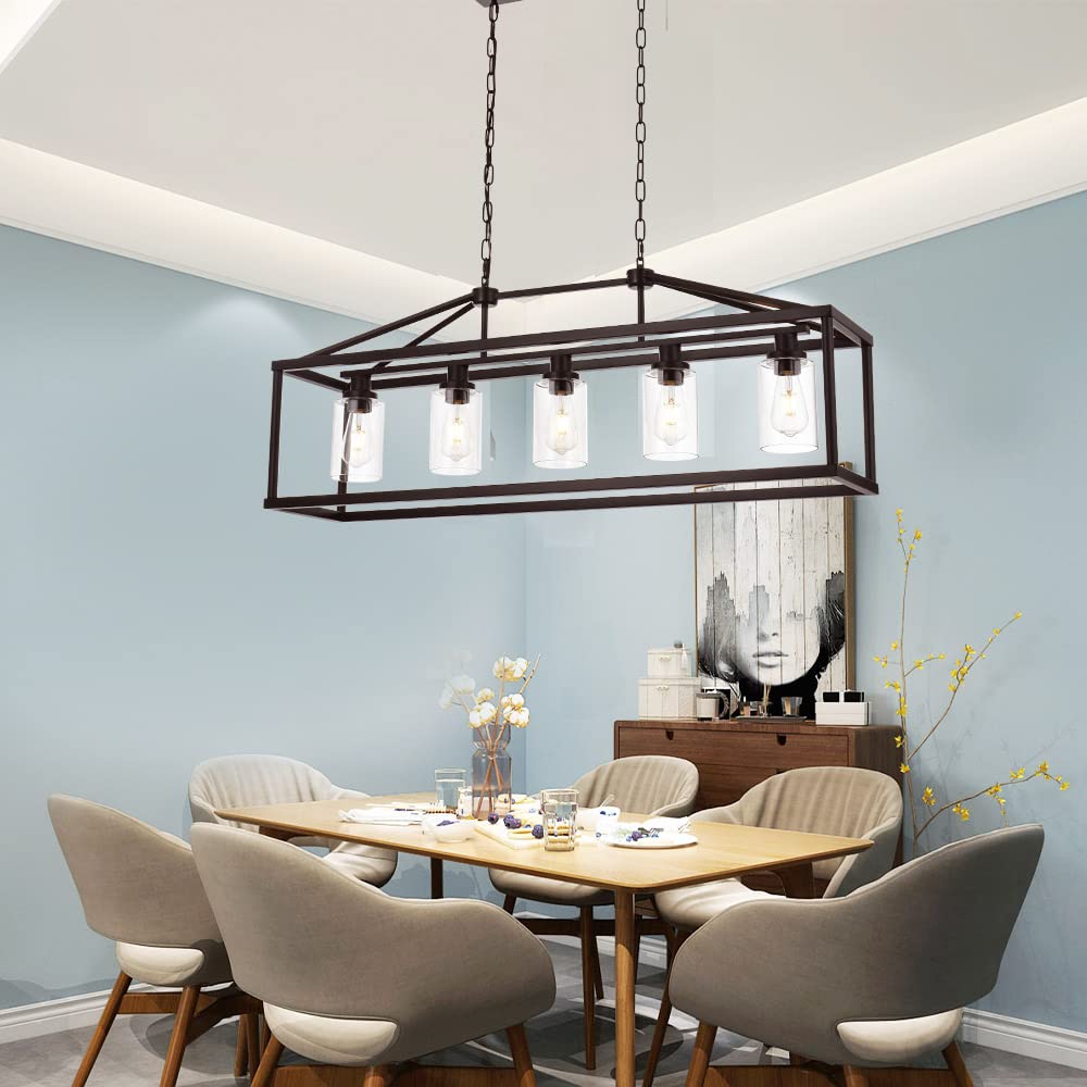 BONLICHT 5-Light Industrial Rustic Farmhouse Chandelier - Modern Rectangle Dining Room Pendant Light Fixture in Oil Rubbed Bronze with Clear Glass Shade - Perfect for Kitchen Island, Hallway, Bar & Farmhouse Decor