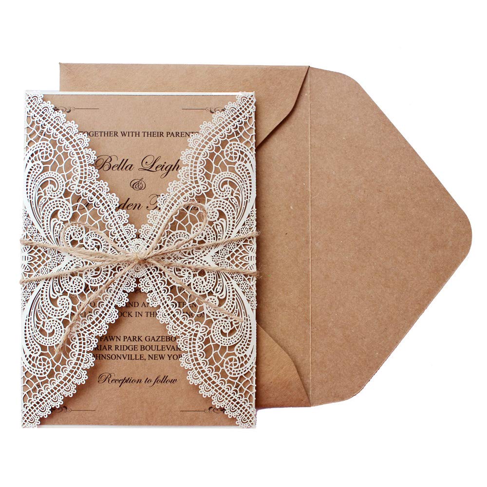 50Pcs Custom Rustic Wedding Invitations - Personalized Vintage Kraft Paper Cards with Envelopes (125x182mm) for Wedding, Engagement & Anniversary Events - Eco-Friendly Stationery Set