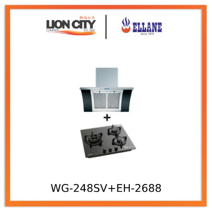 Ellane EH 2688 90cm Stainless Steel Chimney Range Hood with Arch Glass & WG 248SV 3-Burner Glass Cooktop with Safety Features - Modern Kitchen Ventilation System for Home Cooking