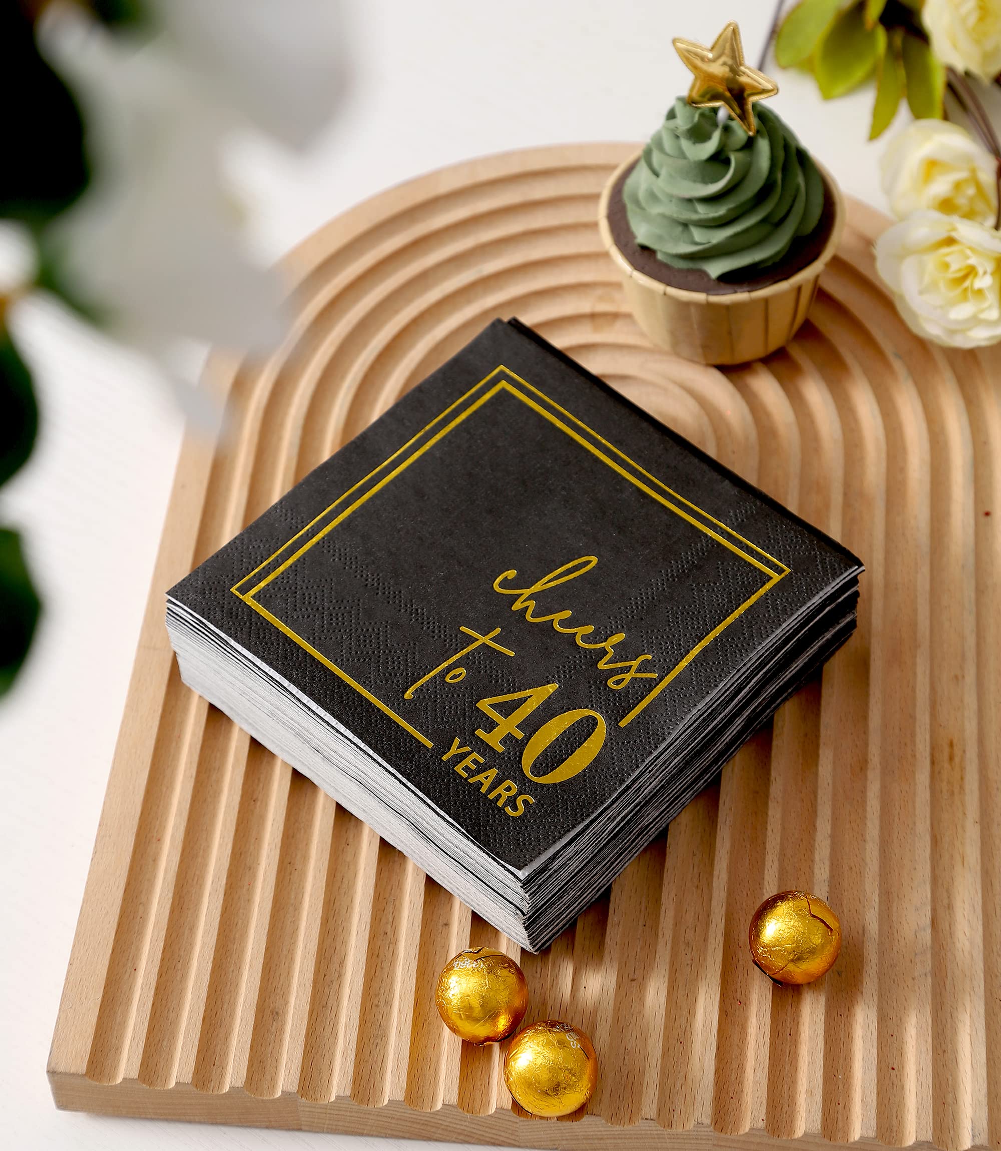 Cheers to Years Cocktail Napkins - 50PK Premium 3-Ply Disposable Party Napkins 5x5 Inches - Elegant Black & Gold Anniversary/Birthday Beverage Napkins for Wedding, 40th Celebration & Cocktail Party Decorations