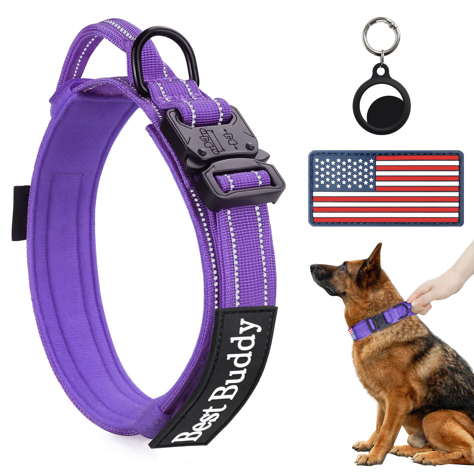 AUBELL Reflective Tactical Dog Collar - Adjustable Military Heavy Duty K9 Collar with Handle, Quick Release Metal Buckle & AirTag Case - Perfect for Medium Dogs (Purple, M) - Ideal for Night Walks, Training & Outdoor Adventures