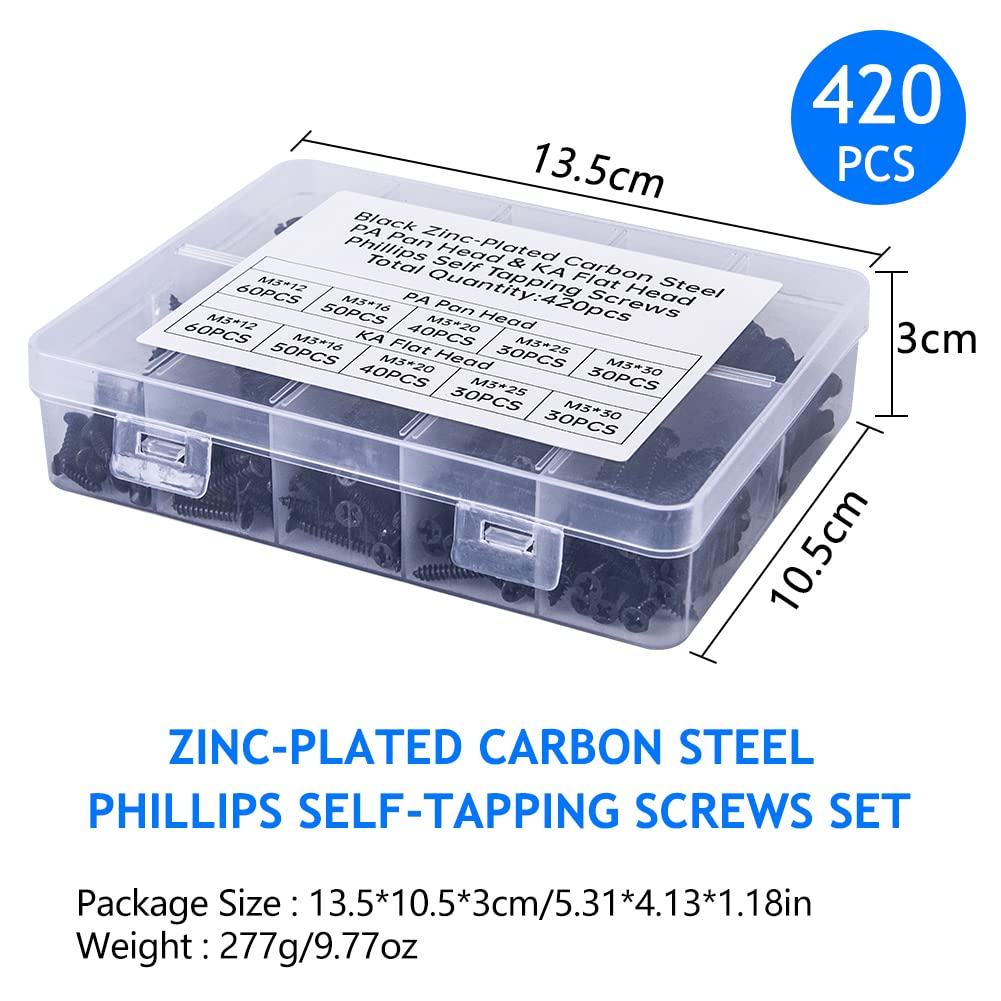 420 Pcs Self Tapping Screws Assortment Kit - Black Zinc-Plated Carbon Steel PA Pan Head & KA Flat Head Phillips Screws for Wood, Metal and DIY Projects - Perfect for Furniture Assembly, Home Repair and Construction Work