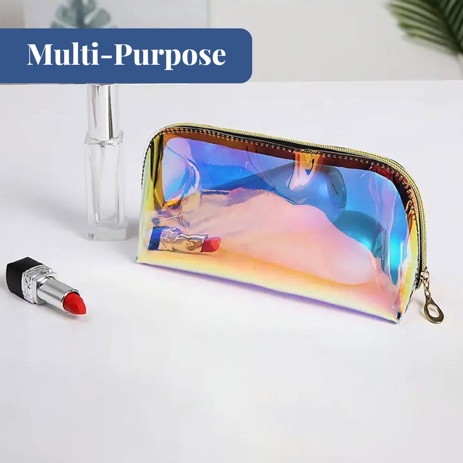Holographic Makeup Travel Pouch with Zipper - Small Toiletry Cosmetic Organizer Bag (7cm) for Makeup Brushes, Lipsticks & Travel Essentials | Perfect for Gym, Vacation & Daily Use