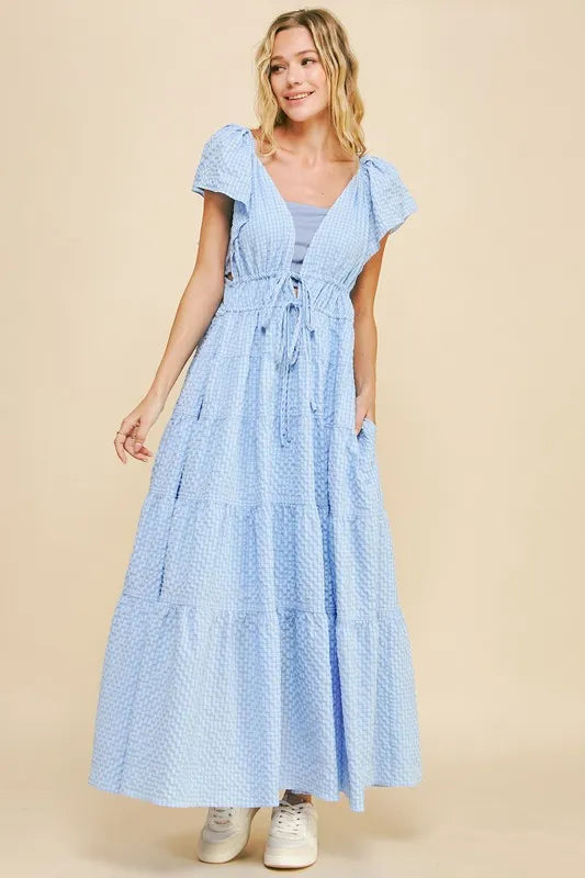 Crinkled Texture Blue Summer Midi Dress - Flowy Casual Beach Dress for Women | Perfect for Vacations, Parties & Outdoor Events